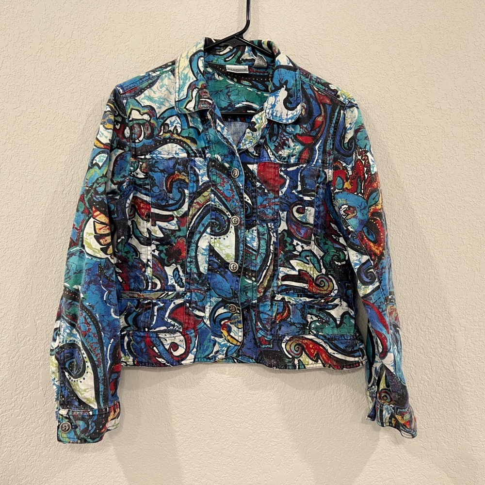 Chico's Womens Size 1 Linen Cotton Jacket Blue Teal Abstract Paisley Cropped